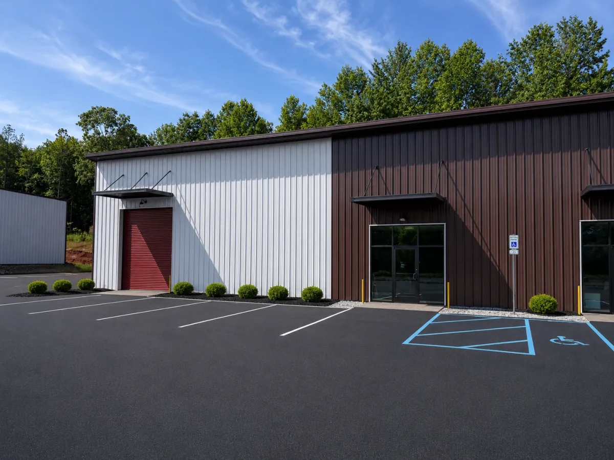 Building entrance with glass storefront doors and marked parking